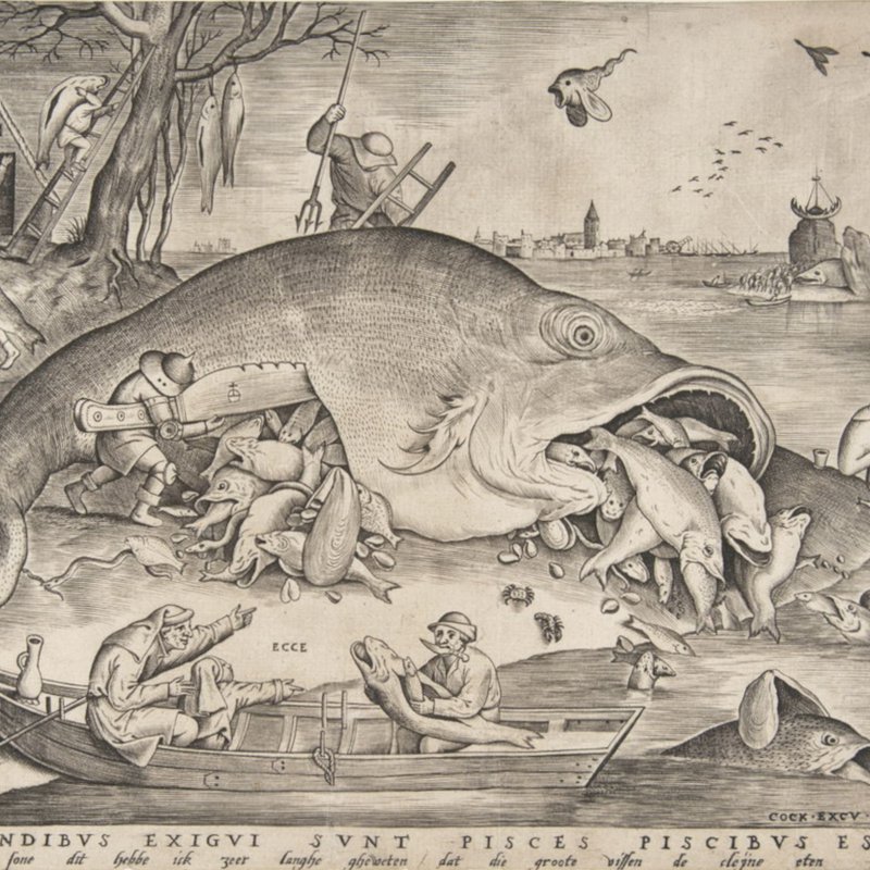 Big Fish Eat Little Fish, gravure de Pieter van der Heyden (1557) à partir du dessin de Pieter Bruegel (1556) — Harris Brisbane Dick Fund, 1917