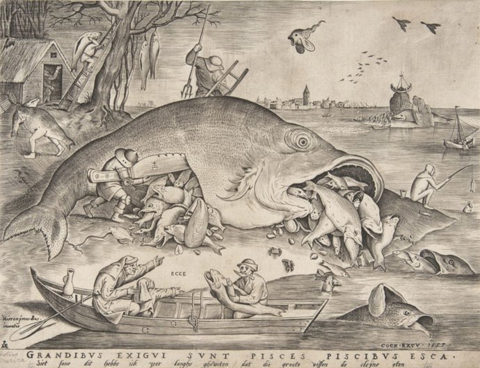 Big Fish Eat Little Fish, gravure de Pieter van der Heyden (1557) à partir du dessin de Pieter Bruegel (1556) — Harris Brisbane Dick Fund, 1917