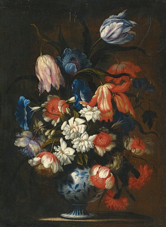 Francesco_Caldei_-_Still_life_with_tulips,_carnations_and_other_flowers_in_a_blue_and_white_porcelain_vase.jpg