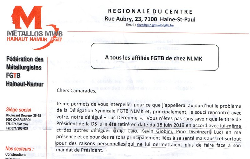 Lettre aux camarades FGTB NLMK